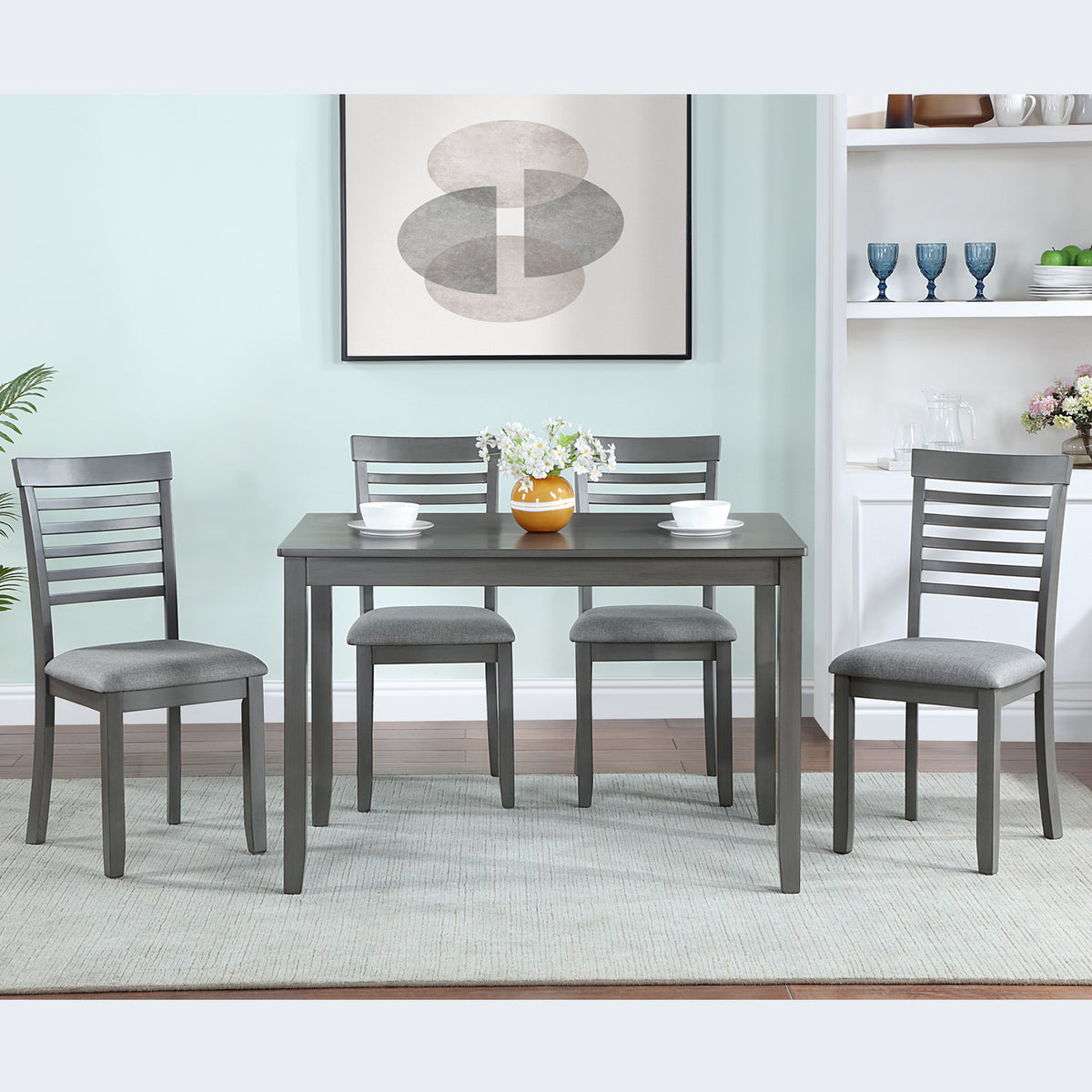 5 Piece Modern Dining Set, Rectangular Wooden Dining Table with 4 Upholstered Chairs for Kitchen, Dining Room, Gray W1998S00013-djyc