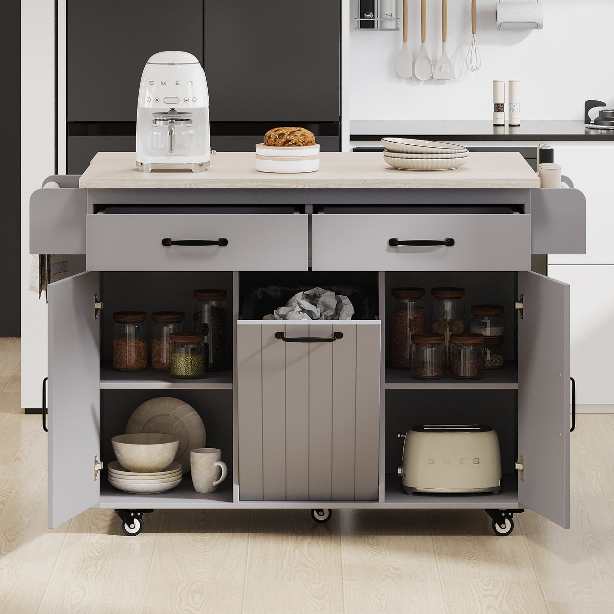 K&K Kitchen Island with Trash Can Storage Cabinet, Kitchen Cart with Drop Leaf, Spice Rack, Towel Rack and Drawer, Rolling Kitchen Island on Wheels with Adjustable Shelf, Grey WF326381AAG-djyc