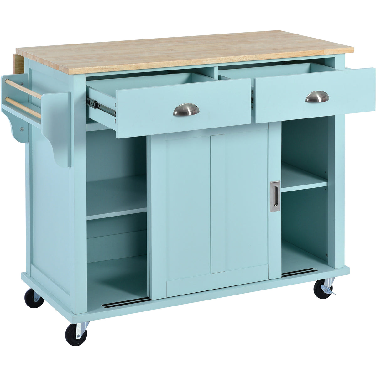 Kitchen Cart with Rubber wood Drop-Leaf Countertop, Concealed sliding barn door adjustable height,Kitchen Island on 4 Wheels with Storage Cabinet and 2 Drawers,L52.2xW30.5xH36.6 inch, Mint Green SK000001AAE-djyc