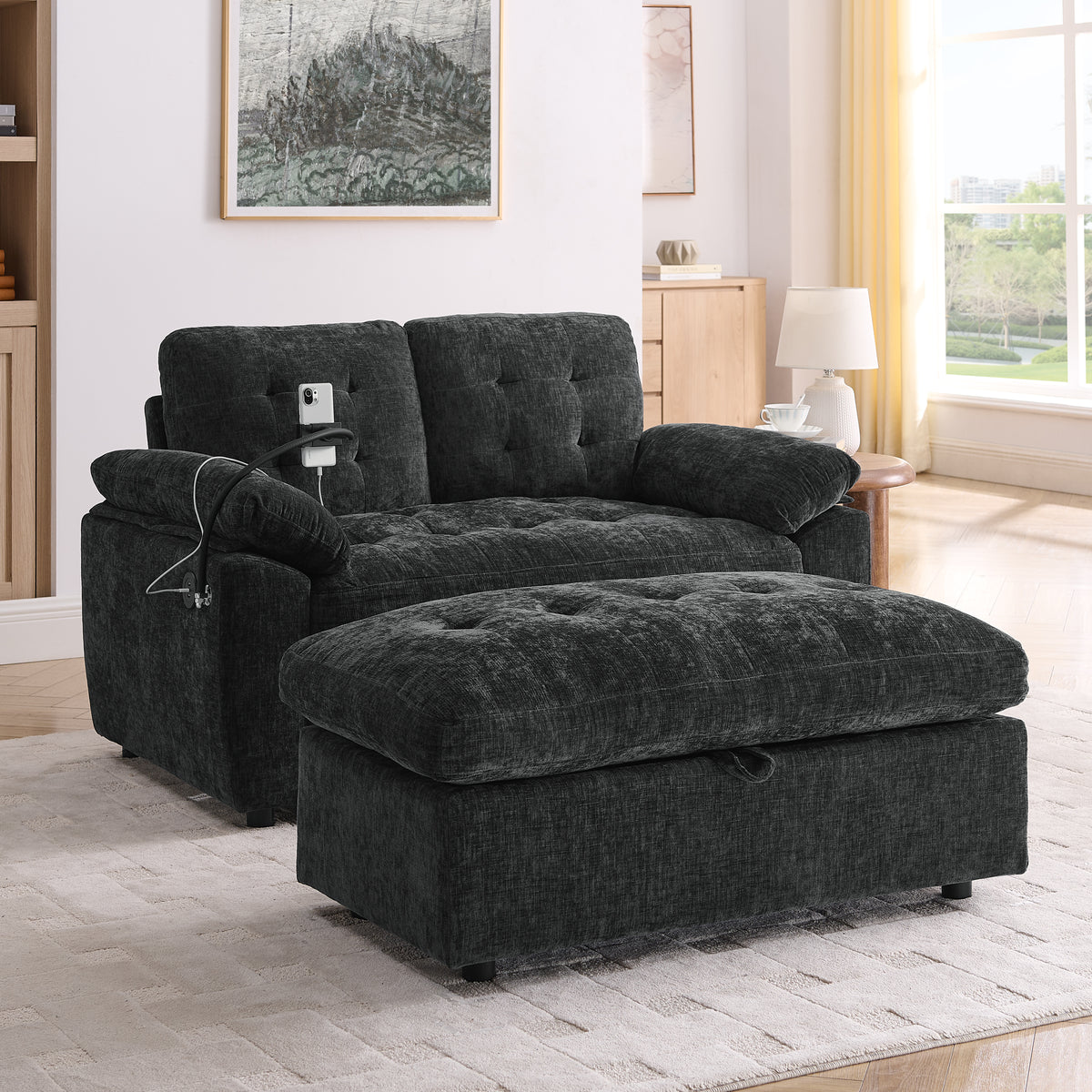 Leisure sofa chair,Double sofa recliner, with manually adjustable backrest, soft padded armrests, side USB charging port and phone stand, comes with a matching storage ottoman-Black-W487S00521