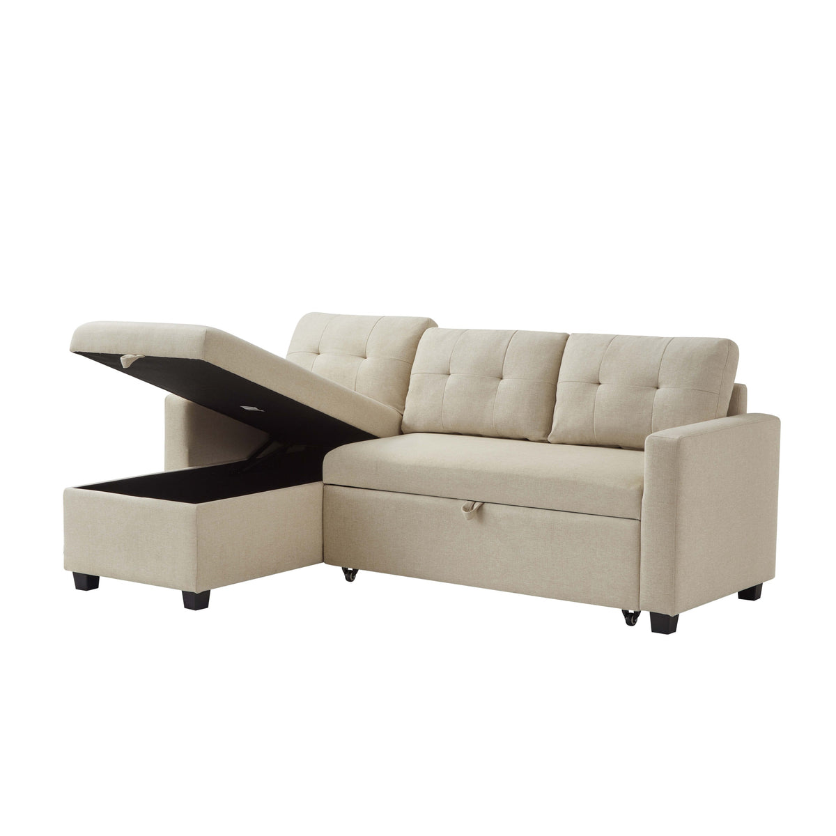 Upholstered Pull Out Sectional Sofa with Storage Chaise, Convertible Corner Couch, Beige W2336S00014-djyc