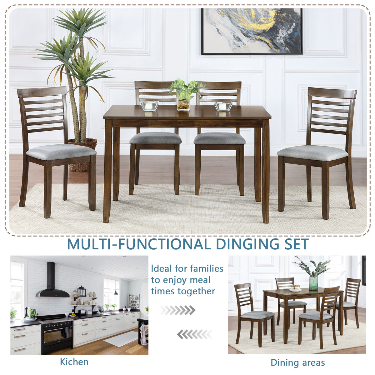 5 Piece Modern Dining Set, Rectangular Wooden Dining Table with 4 Upholstered Chairs for Kitchen, Dining Room, Walnut W1998S00017-djyc