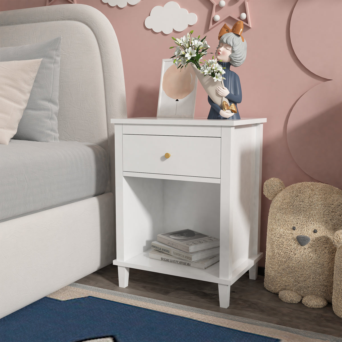 26.77''H Wooden Nightstand with One Drawer One Shelf for Kids, Adults, White W80859138-djyc