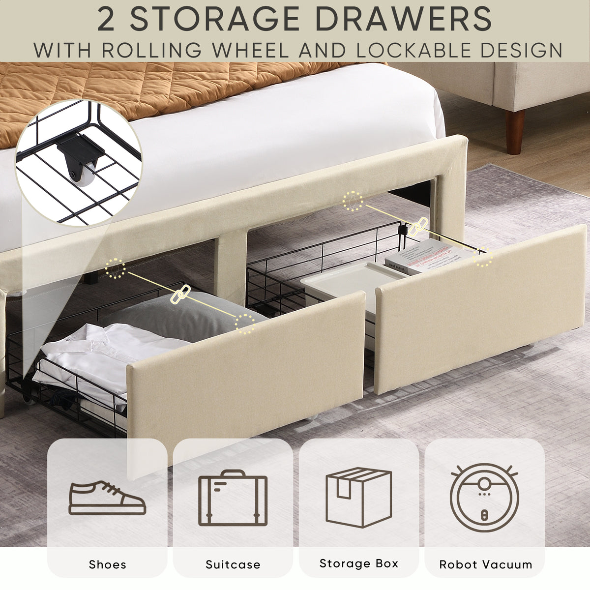 Full Size Bed Frame with 2 Storage Drawers, Upholstered Bed Frame with Wingback Headboard Storage Shelf Built-in USB Charging Stations and Strong Wood Slats Support, No Box Spring Needed, Beige W1916126256-djyc