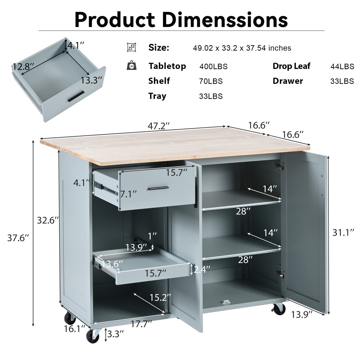 K&K Kitchen Island with Foldable Counter Top, Kitchen Storage Cart with Slide-Out Shelf, Towel Rack and Drawer, Rolling Kitchen Cart on Wheels, for Kitchen, Living Room, Dining Room, Grey Blue N707P173036G-djyc