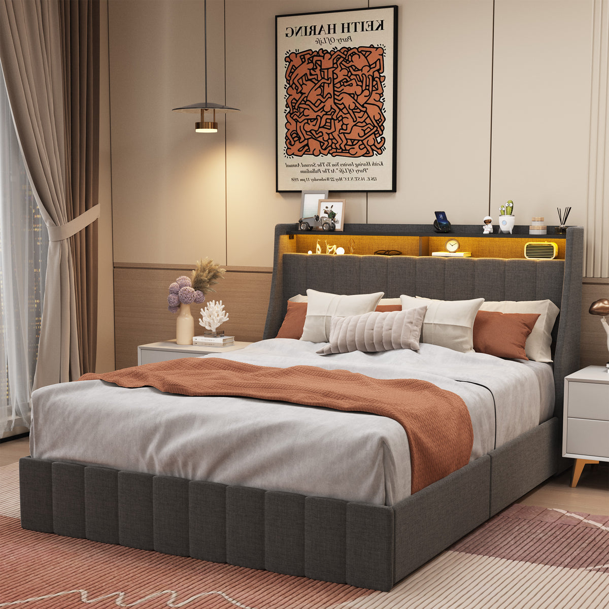 Full Size Bed Frame with LED, 4 Under-bed Portable Storage Drawers, Wings Headboard Design, Dark Grey W1960S00002-djyc