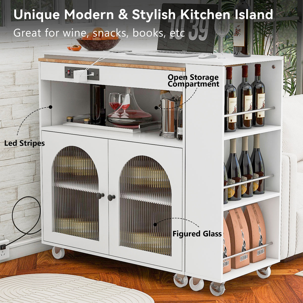 K&K Rolling Kitchen Island With Extended Table, Kitchen island on Wheels with LED Lights,Power Outlets and 2 Fluted Glass Doors, Kitchen Island with a Storage Compartment and Side 3 Open Shelves,White WF316018AAW-djyc