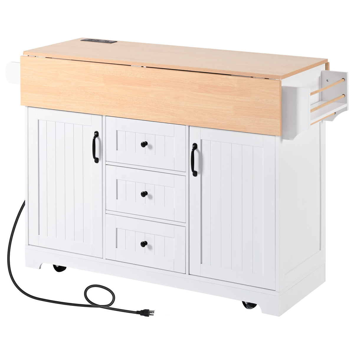 K&K 55.7'' Large Kitchen Island with 2 Drop Leaf,, Rolling Kitchen Cart on 5 Wheels with Power Outlet, Folding Storage Dining Table with Spice & Towel Rack , 3 Drawers, for Kitchen, Dining Room,White N707P186617W-djyc