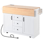 K&K 55.7'' Large Kitchen Island with 2 Drop Leaf,, Rolling Kitchen Cart on 5 Wheels with Power Outlet, Folding Storage Dining Table with Spice & Towel Rack , 3 Drawers, for Kitchen, Dining Room,White N707P186617W-djyc