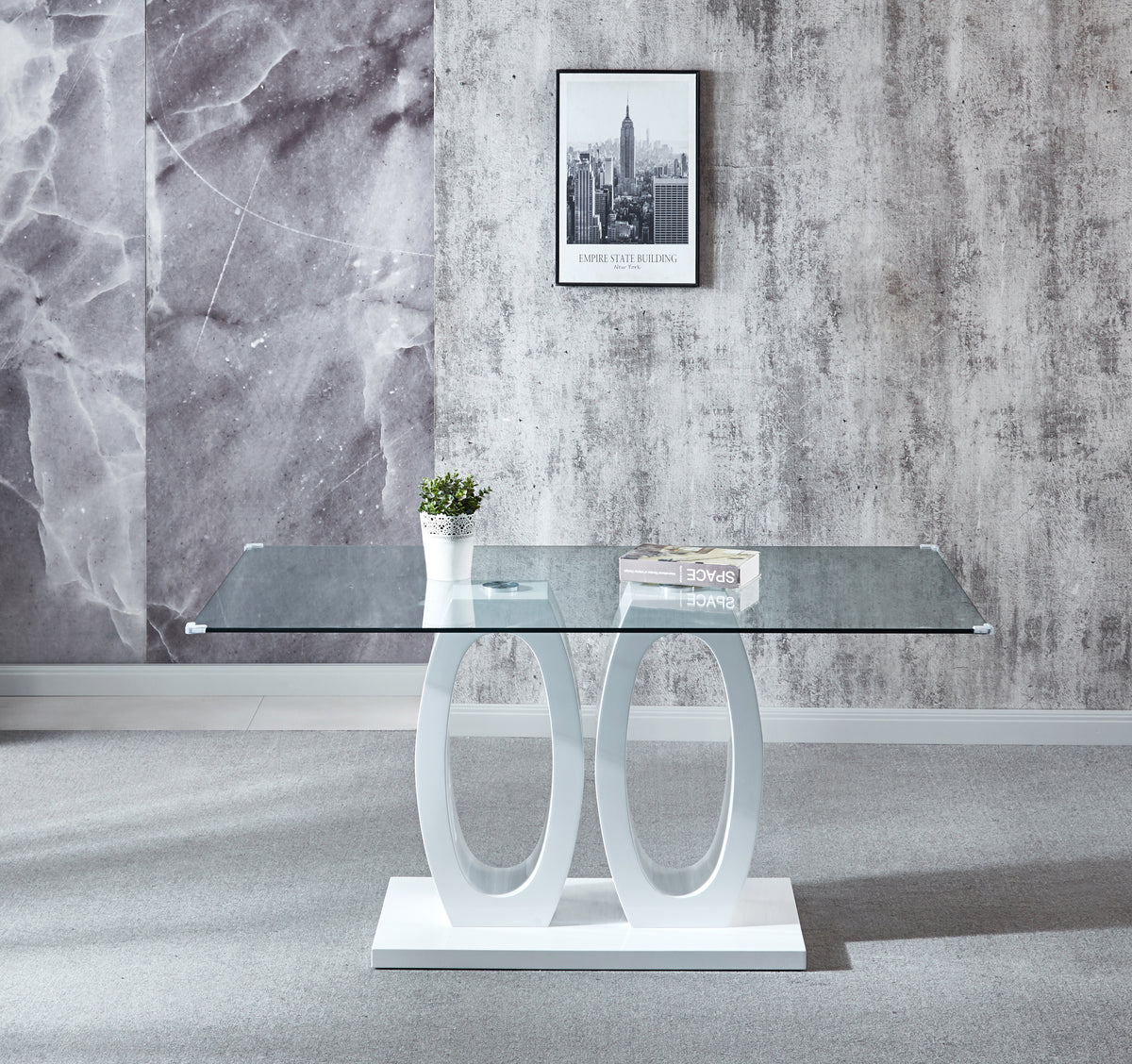 Modern Design MDF Dining Table with White Finish, Clear Glass Top, For 6 People W1241S00012-djyc