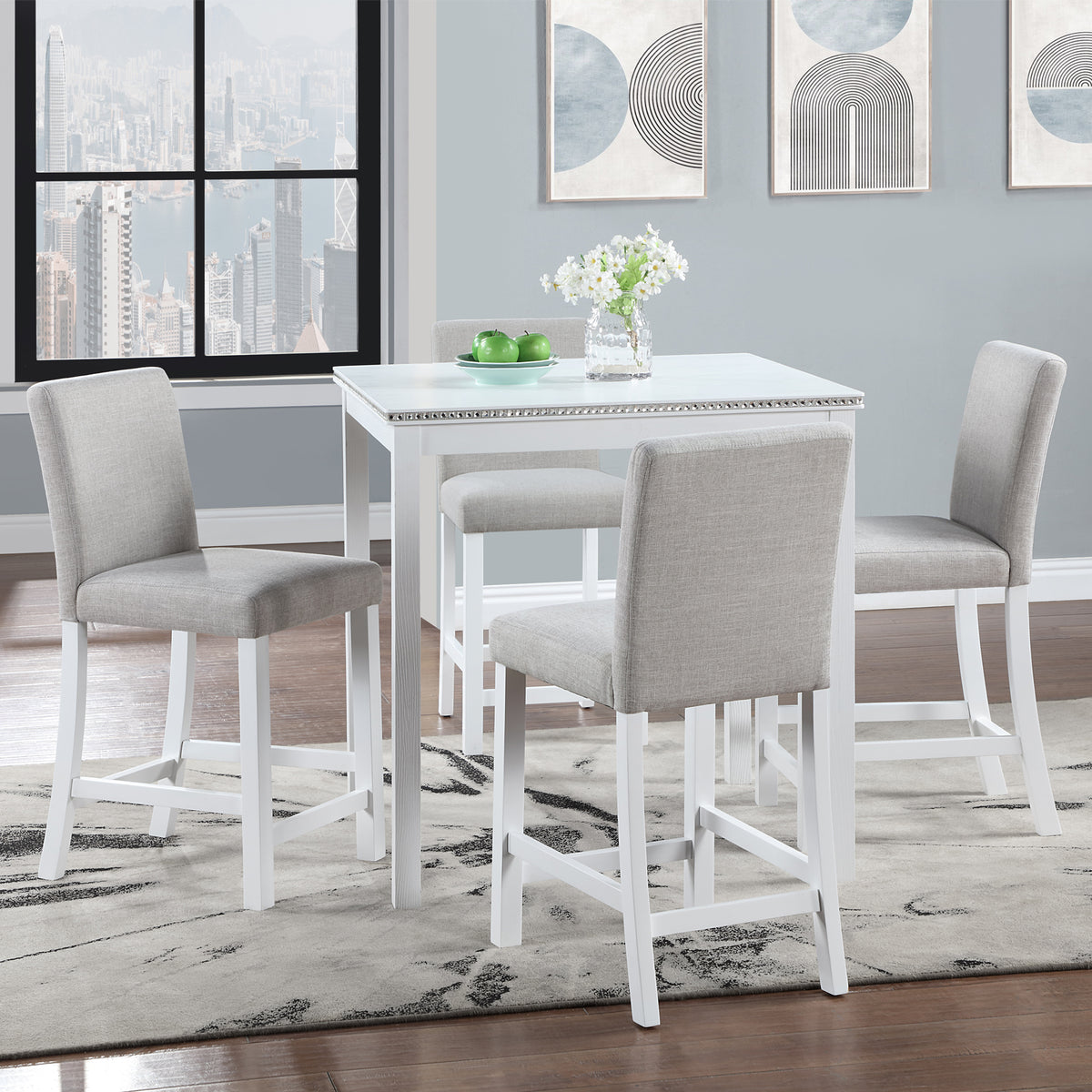 5 Piece Counter Height Table Set, Wooden Kitchen Table Set with Square Table and 4 Upholstered Chairs, Counter Height Dining Table with Crystal Decoration and Chair Set for Kitchen, Dining Room,White W1998S00040-djyc