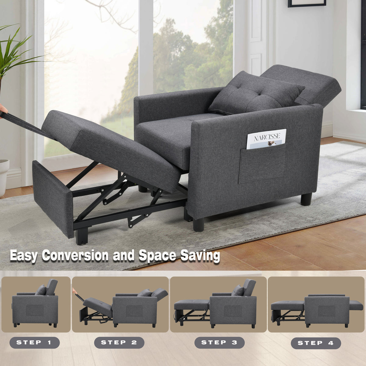 3-in-1 Convertible Futon Sofa Bed with Adjustable Backrest, Single Sofa Bed with Pull Out Sleeper, Convertible Futon Chair for Living Room, Side Bag and 1 Lumbar Pillow,Dark Gray W1998121160-djyc