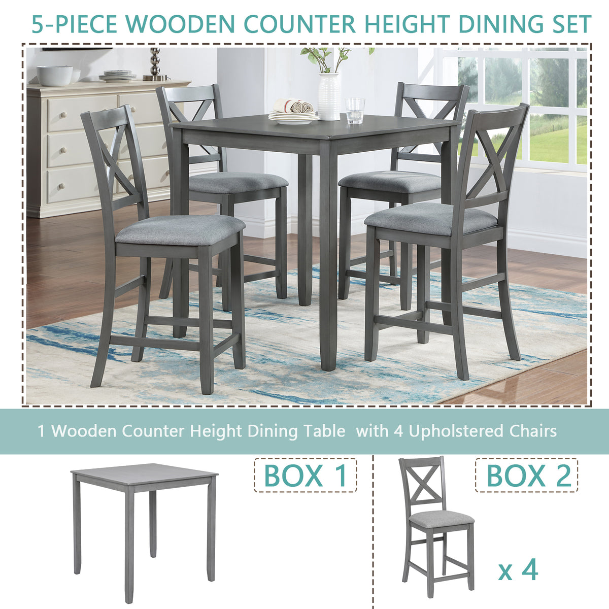 5 Piece Dining Table Set, Wooden Dining Square Table Set for 4, Counter Height Kitchen Table Set with Square Table and 4 Upholstered Chairs for Small Space, Gray W1998S00028-djyc