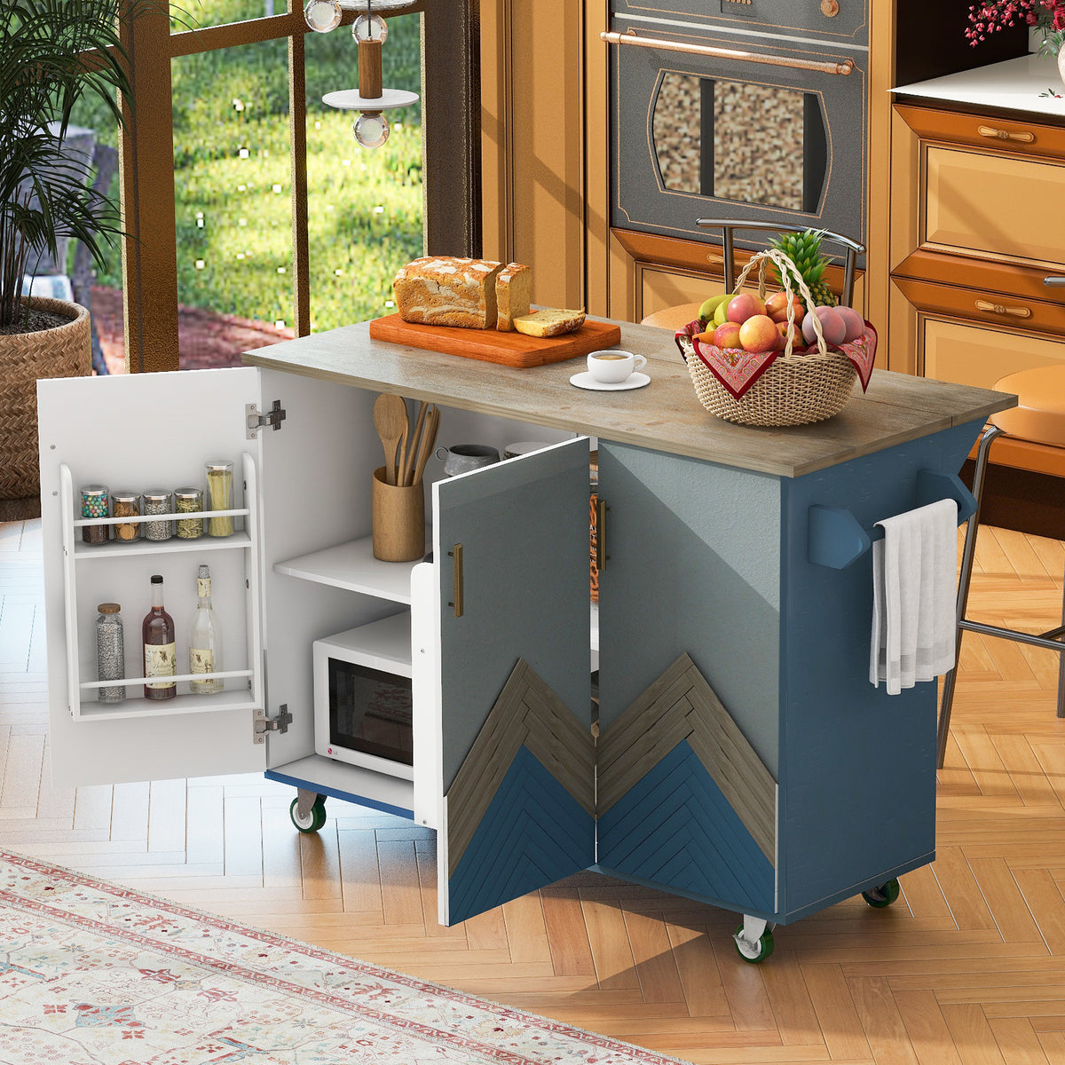 Retro Mountain Wood 47"D Kitchen Island with Drop Leaf, Accent Cabinet with Internal Storage Rack, Farmhouse Rolling Kitchen Cart on Wheels for Living Room, Kitchen, Dining Room (Navy Blue) WF315658AAG-djyc