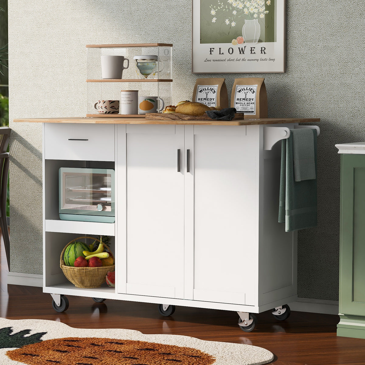 K&K Kitchen Island with Foldable Counter Top, Kitchen Storage Cart with Slide-Out Shelf, Towel Rack and Drawer, Rolling Kitchen Cart on Wheels, for Kitchen, Living Room, Dining Room, White N707P173036W-djyc