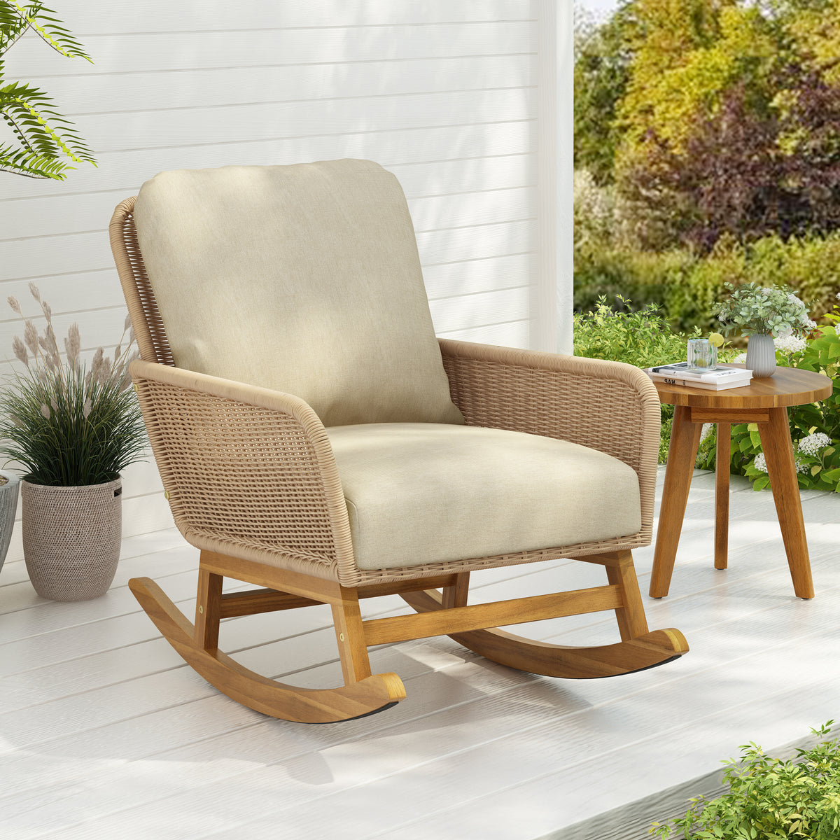 Contemporary Minimalist Beige Wicker Rocking Chair with Soft Polyester Cushions and Durable Wooden Frame, Perfect for Indoor and Outdoor Spaces like Patio, Balcony, or Living Room N767P229004N-djyc