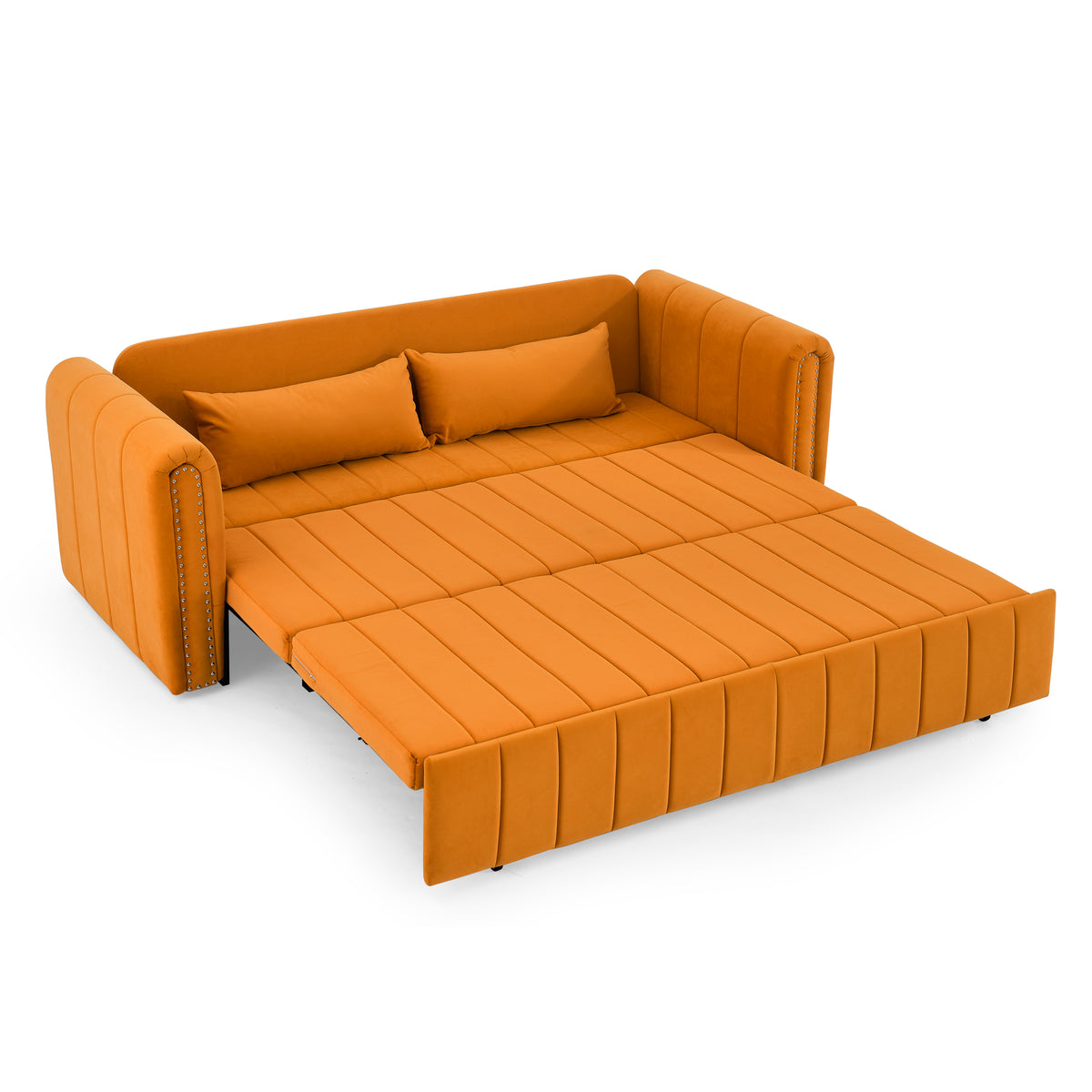 3 in 1 Pull-Out Bed Sleeper, Modern Upholstered 3 Seats Lounge Sofa & Couches with Rolled Arms Decorated with Copper Nails , Convertible Futon 3 Seats Sofabed with Two Drawers and Two Pillows W487S00214-djyc