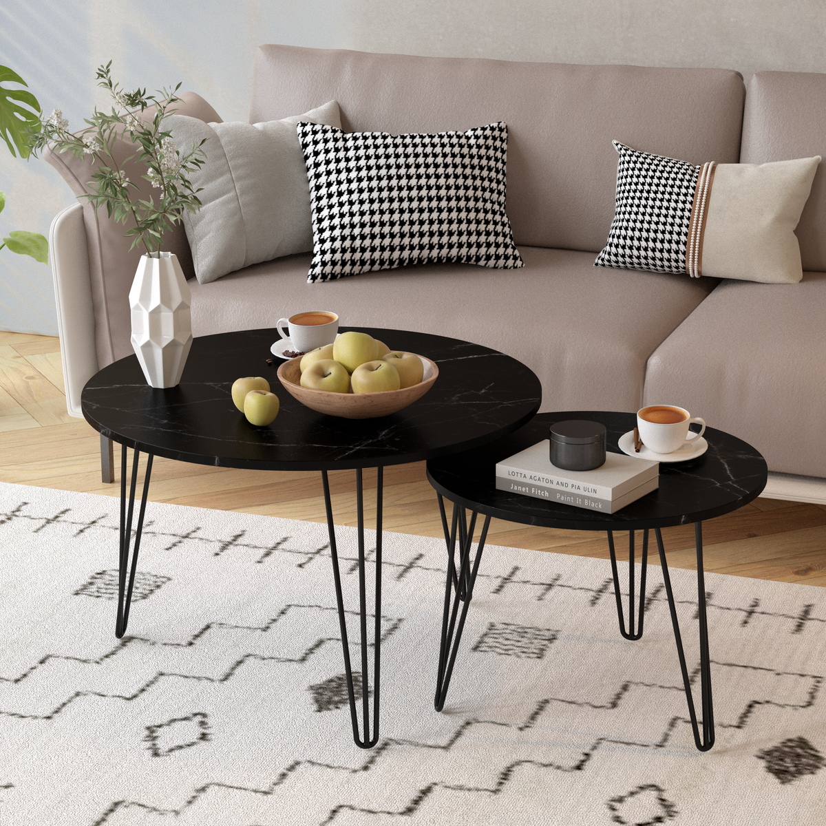 27.56'' Round Nesting Coffee Table Set of 2, Circular Nesting End Table Set, Round Marble Tabletop, and Sturdy Metal Base for Living Room, bedroom, Black W808P176733-djyc