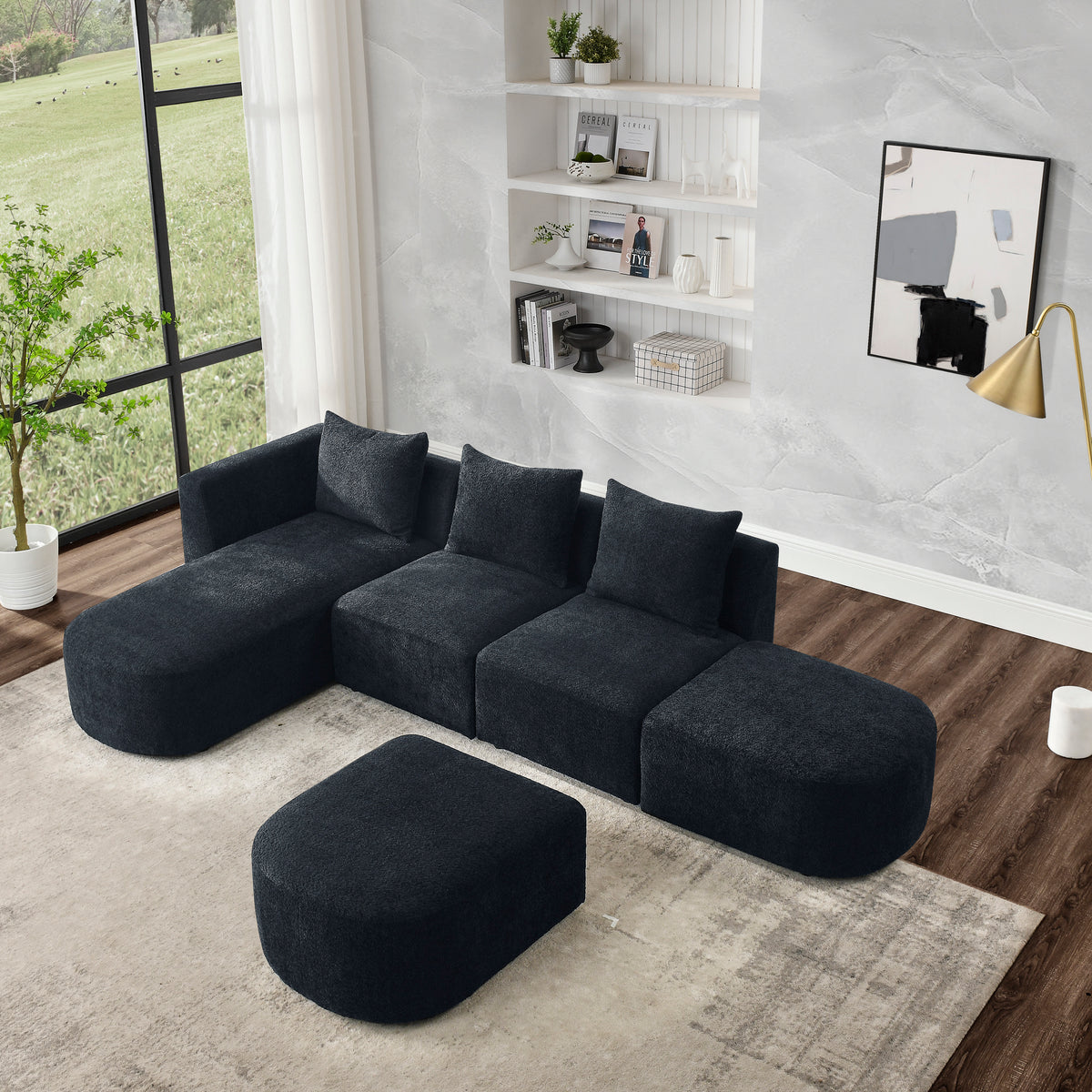 L Shape Sectional Sofa including Two Single Seats, Left Side Chaise and Two Ottomans, Modular Sofa, DIY Combination, Loop Yarn Fabric, Black W487S00156-djyc