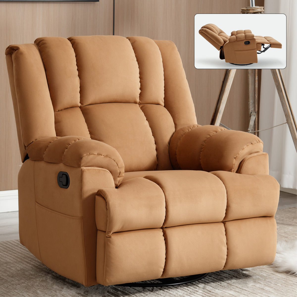 Manual Recliner Chair with Rocker and Swivel in Fabric for Living Room, Beige W1803P204026-djyc