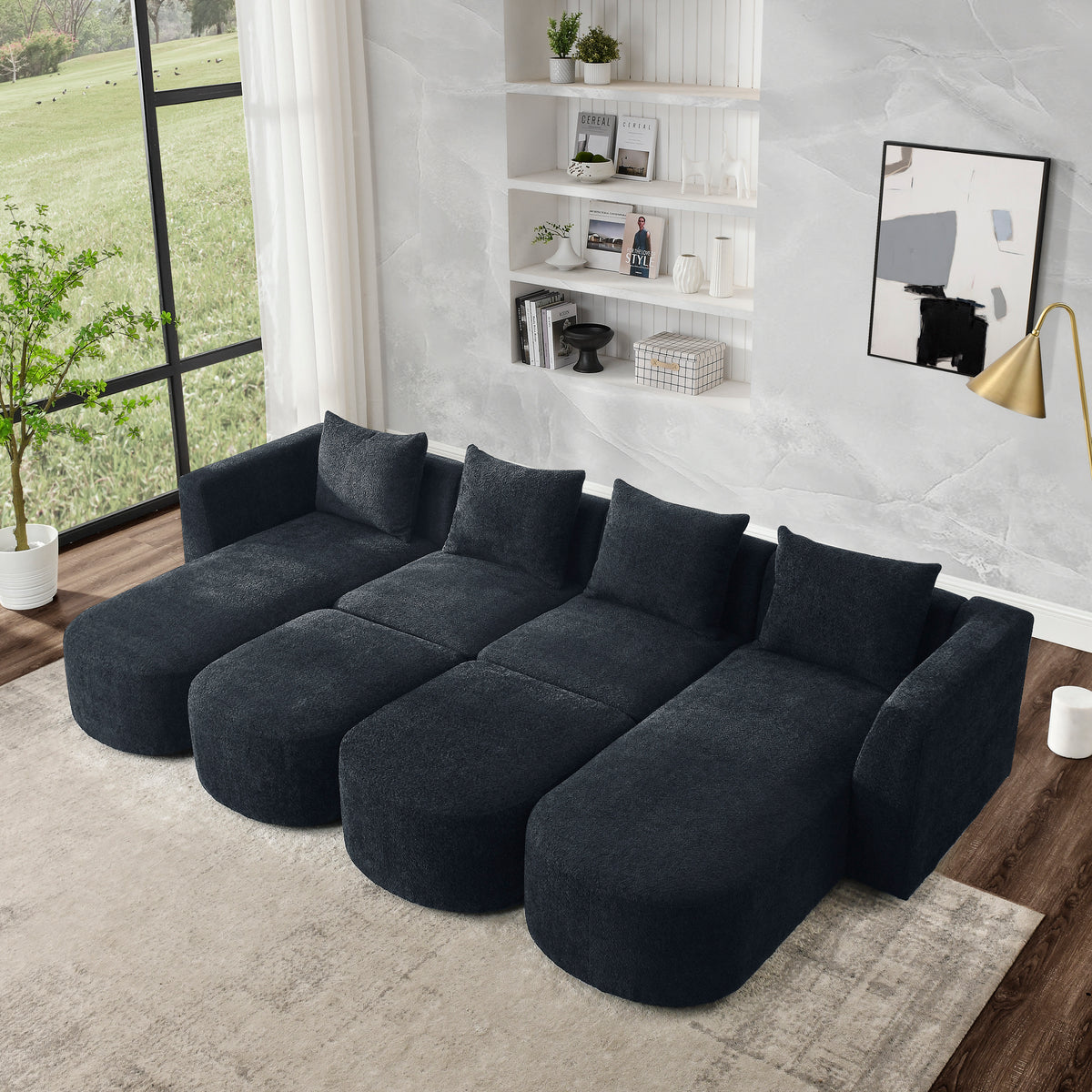 U Shape Sectional Sofa including Two Single Seat, Two Chaises and Two Ottomans, Modular Sofa, DIY Combination, Loop Yarn Fabric, Black W487S00159-djyc