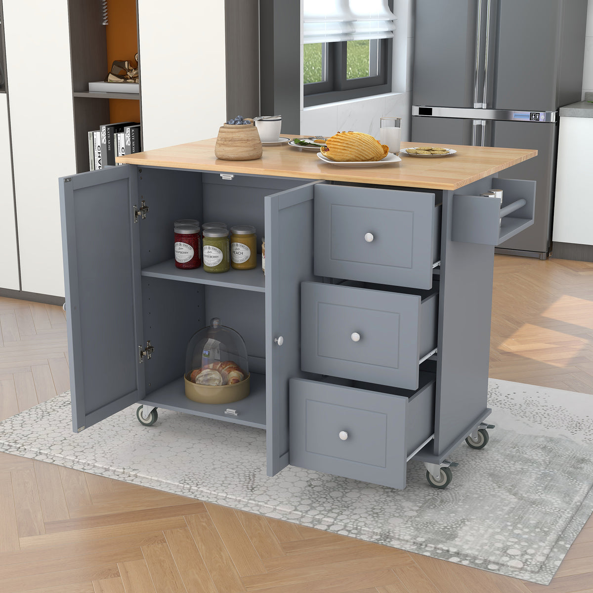 Rolling Mobile Kitchen Island with Solid Wood Top and Locking Wheels,52.7 Inch Width,Storage Cabinet and Drop Leaf Breakfast Bar,Spice Rack, Towel Rack & Drawer (Grey Blue) WF287035AAG-djyc