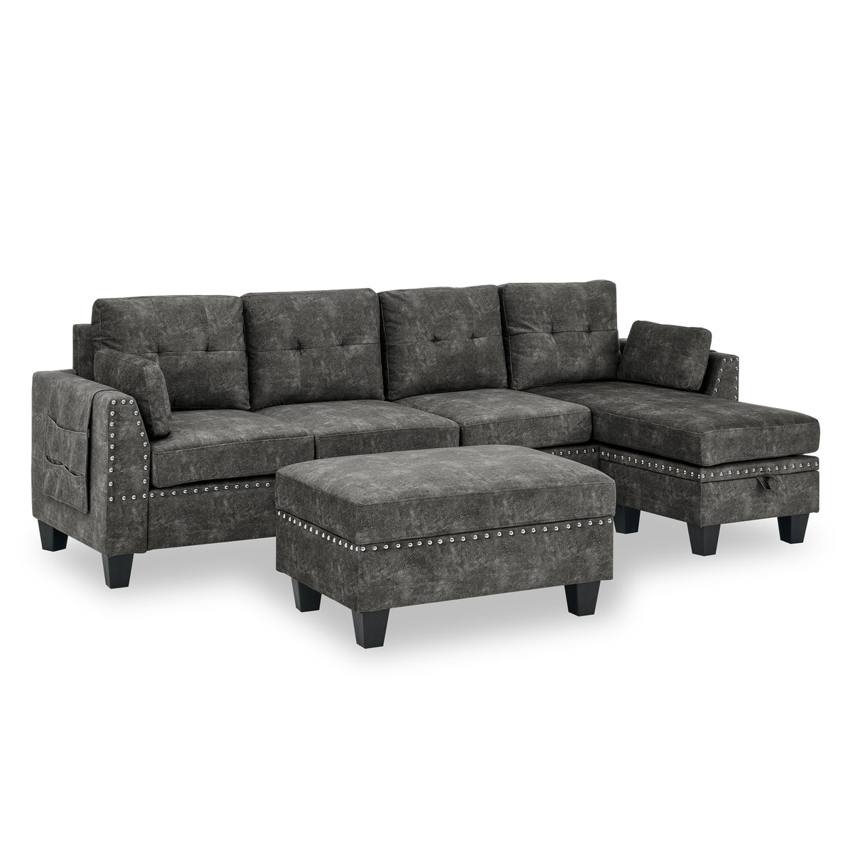 Sectional 3-Seaters Sofa ,Double-sided multi-functional footstool, storage mat , Non-slip leg, two pillows, Velvet, Dark grey W487S00236-djyc