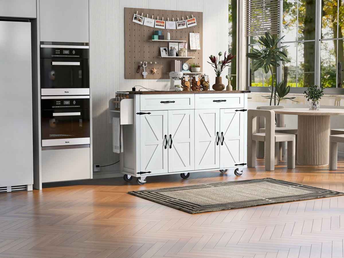 K&K 53.5''Farmhouse Kitchen Island with Power Outlet, Kitchen Storage Island with Drop Leaf, Spice Rack and Drawer, Rolling Kitchen Cart on Wheels, for Home, Kitchen and Dining Room, White N707P170348W-djyc