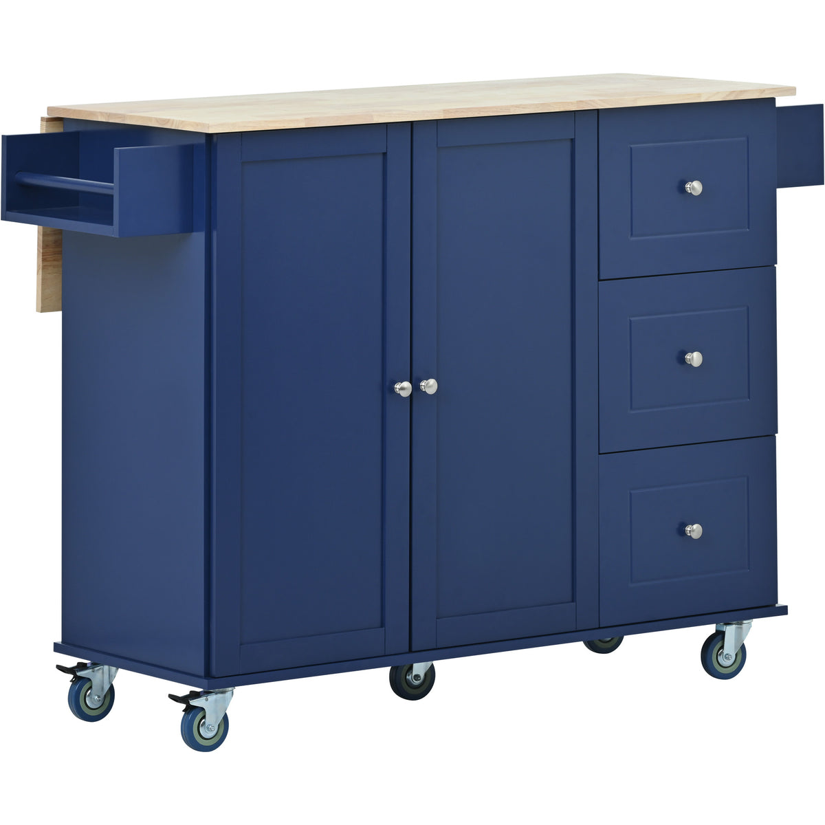 Rolling Mobile Kitchen Island with Drop Leaf - Solid Wood Top, Locking Wheels & Storage Cabinet 52.7 Inch Width(Dark blue) WF287035AAN-djyc