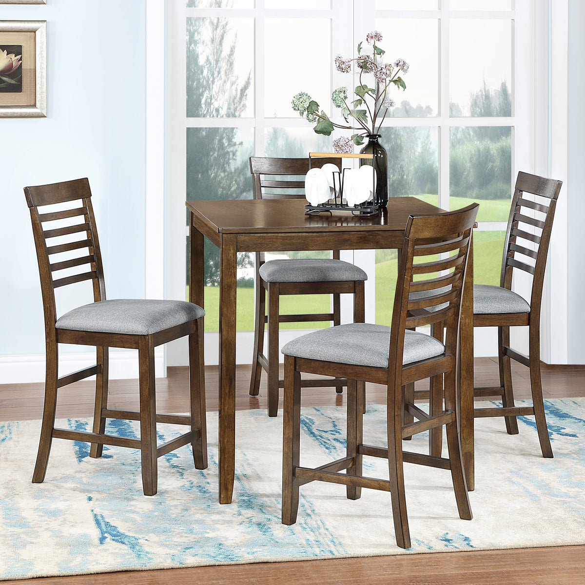 5 Piece Dining Table Set, Wooden Dining Square Table Set for 4, Counter Height Kitchen Table Set with Square Table and 4 Upholstered Chairs for Small Space, Walnut W1998S00033-djyc