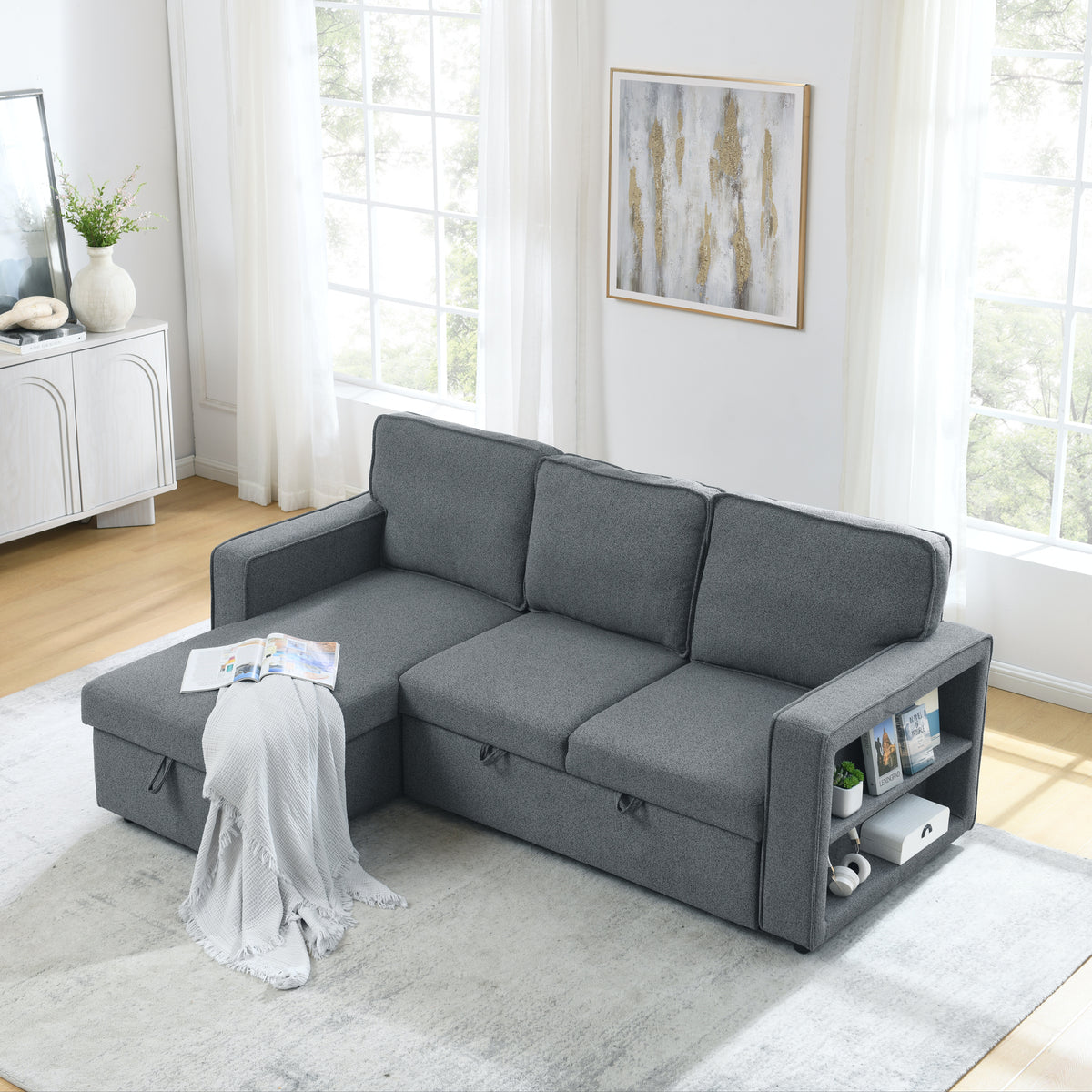 Linen Upholstered Sleeper Sectional Sofa, Shaped Modular Convertible Sofa with Storage Chaise,There are two cup holders in the middle and USB multi-interface function,Pull Out Sleep Couch Bed ,Grey W487S00245-djyc