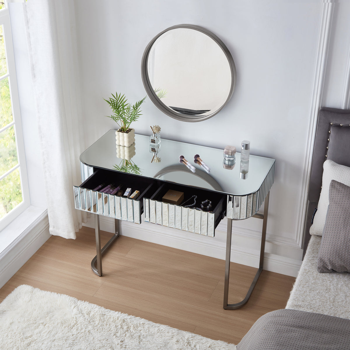 39" Mirrored Makeup Vanity Table with Stainless Steel Base, Mirrored Console Dressing Table with 2 Drawers,Versatile Desk for Bedroom and Office, Silver N704P171796N-djyc