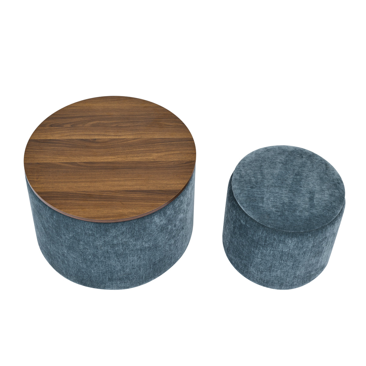 2-Piece Set Round Chenille Storage Ottoman, Equipped with a Drum Shaped Small Stool, Storage Space, and MDF Made Desktop Panel (Dark Blue23.62"x23.62"x16.53") W487P179600-djyc