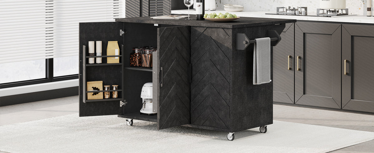 K&K 51.2"W 3D Wave Stripes Ash Veneer (Not Cheap Paper) Kitchen Island with Drop Leaf, Farmhouse Kitchen Island on Wheels with Internal Storage Rack, Rolling Kitchen Cart(Black) N707P207915B-djyc