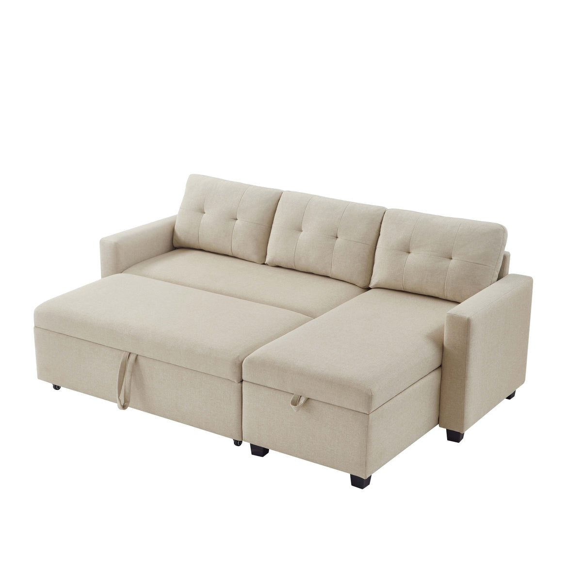 Upholstered Pull Out Sectional Sofa with Storage Chaise, Convertible Corner Couch, Beige W2336S00014-djyc