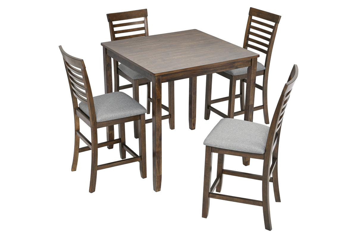 5 Piece Dining Table Set, Wooden Dining Square Table Set for 4, Counter Height Kitchen Table Set with Square Table and 4 Upholstered Chairs for Small Space, Walnut W1998S00033-djyc