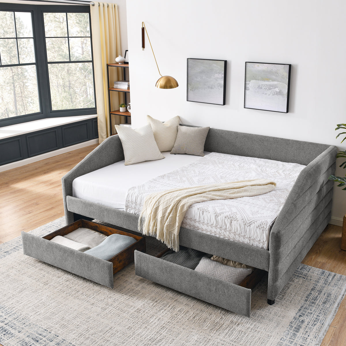 Queen Size Daybed with Two Drawers Trundle Upholstered Tufted Sofa Bed, Linen Fabric, Grey (88"x64.5"x34") W487S00167-djyc