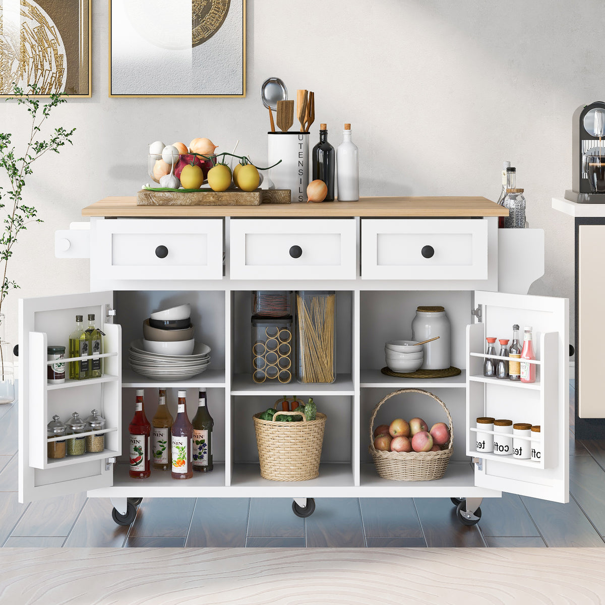 Kitchen Cart with Rubber wood Drop-Leaf Countertop ,Cabinet door internal storage racks,Kitchen Island on 5 Wheels with Storage Cabinet and 3 Drawers for Dinning Room,White WF298028AAW-djyc