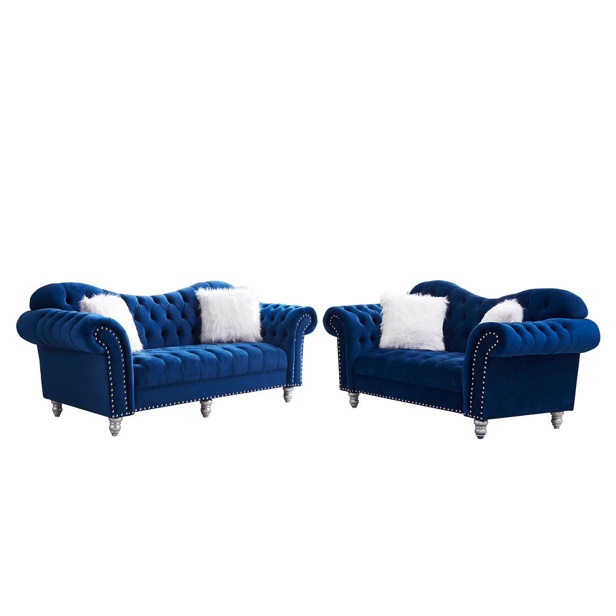 3 Piece Living Room Sofa Set, including 3-Seater Sofa, Loveseat and Sofa Chair, with Button and Copper Nail on Arms and Back, Five White Villose Pillow, Blue. W487S00051-djyc