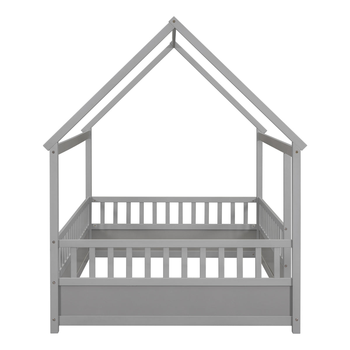 Full Size Floor Wooden Bed with House Roof Frame, Fence Guardrails,Grey W1858123988-djyc