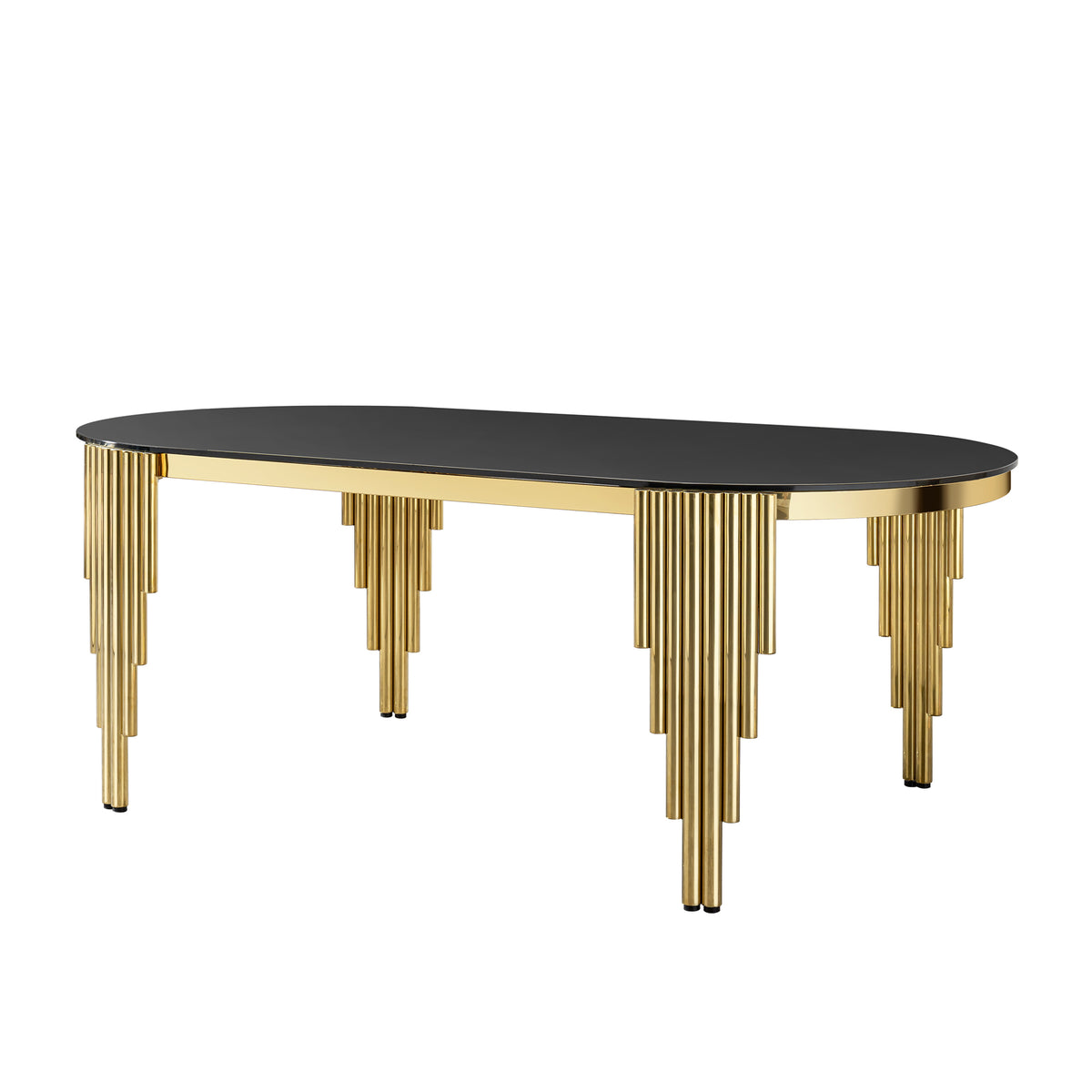 79.53" Black Glass Top oval Dining Table with gold stainless Steel Base for 8 seats W2723S00002-djyc