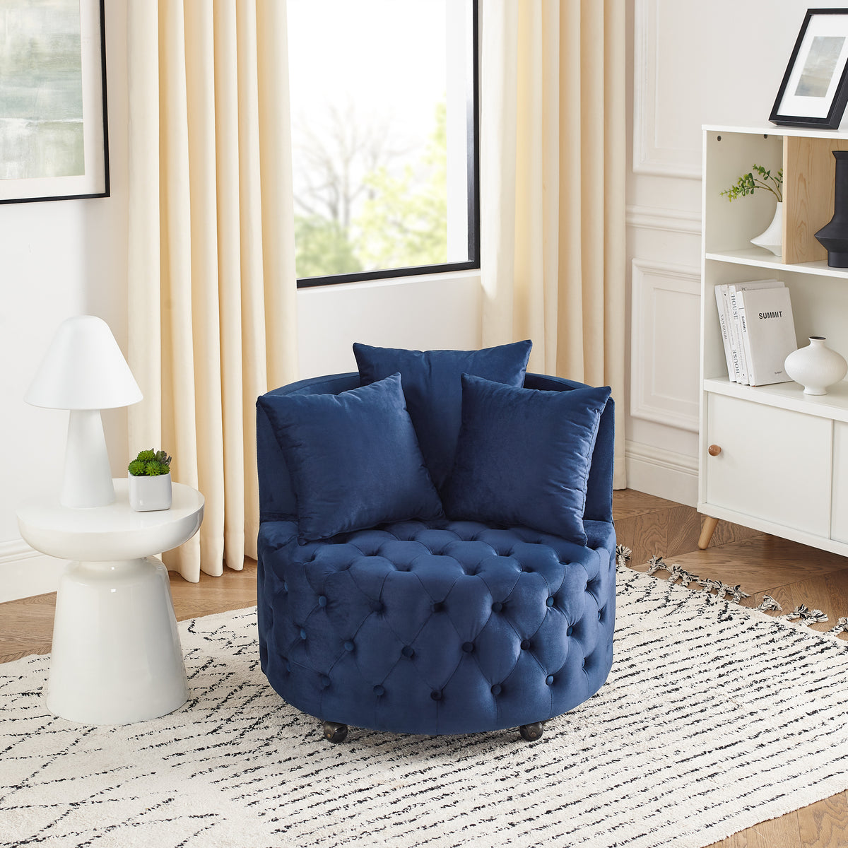 Velvet Upholstered Swivel Chair for Living Room, with Button Tufted Design and Movable Wheels, Including 3 Pillows, Blue W487124835-djyc