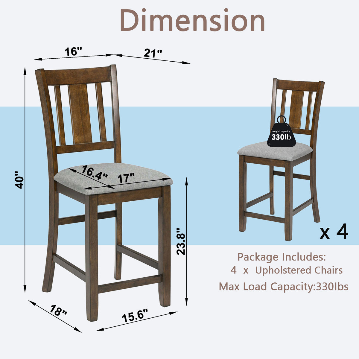 Dining Room Furniture Counter Height Chairs Setfor 4, Kitchen Chair with Padded Seat, Walnut W1998126394-djyc