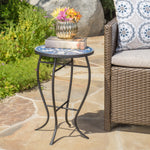 Elegant Outdoor Side Table with Mosaic Ceramic Top – Blue and White Design with Iron Legs 61302-djyc