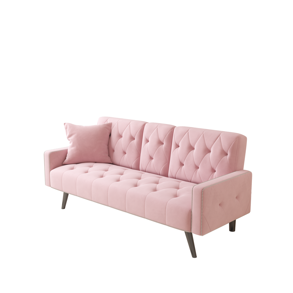 1730 Sofa Bed Armrest with Nail Head Trim with Two Cup Holders 72" Pink Velvet Sofa for Small Spaces W127850868-djyc