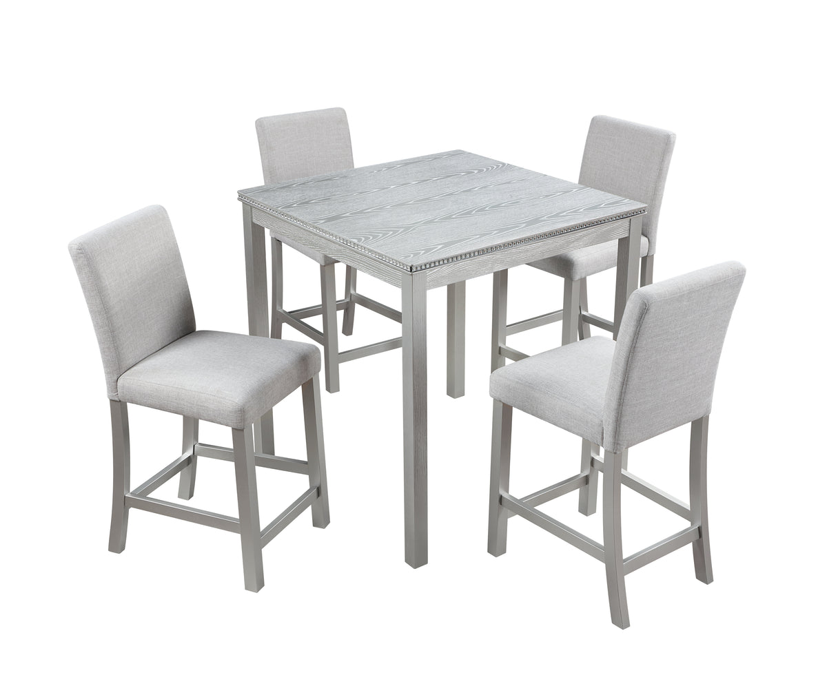 5 Piece Counter Height Table Set, Wooden Kitchen Table Set with Square Table and 4 Upholstered Chairs, Counter Height Dining Table with Crystal Decoration and Chair Set, Silver grey W1998S00039-djyc