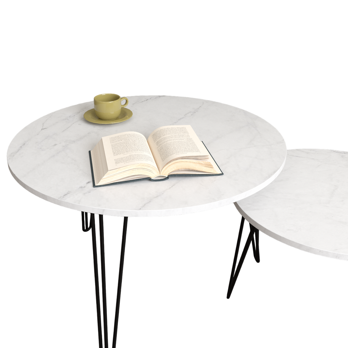 27.56'' Round Nesting Coffee Table Set of 2,Circular Nesting End Table Set, Round Marble Tabletop, and Sturdy Metal Base for Living Room, bedroom, White W808P176737-djyc