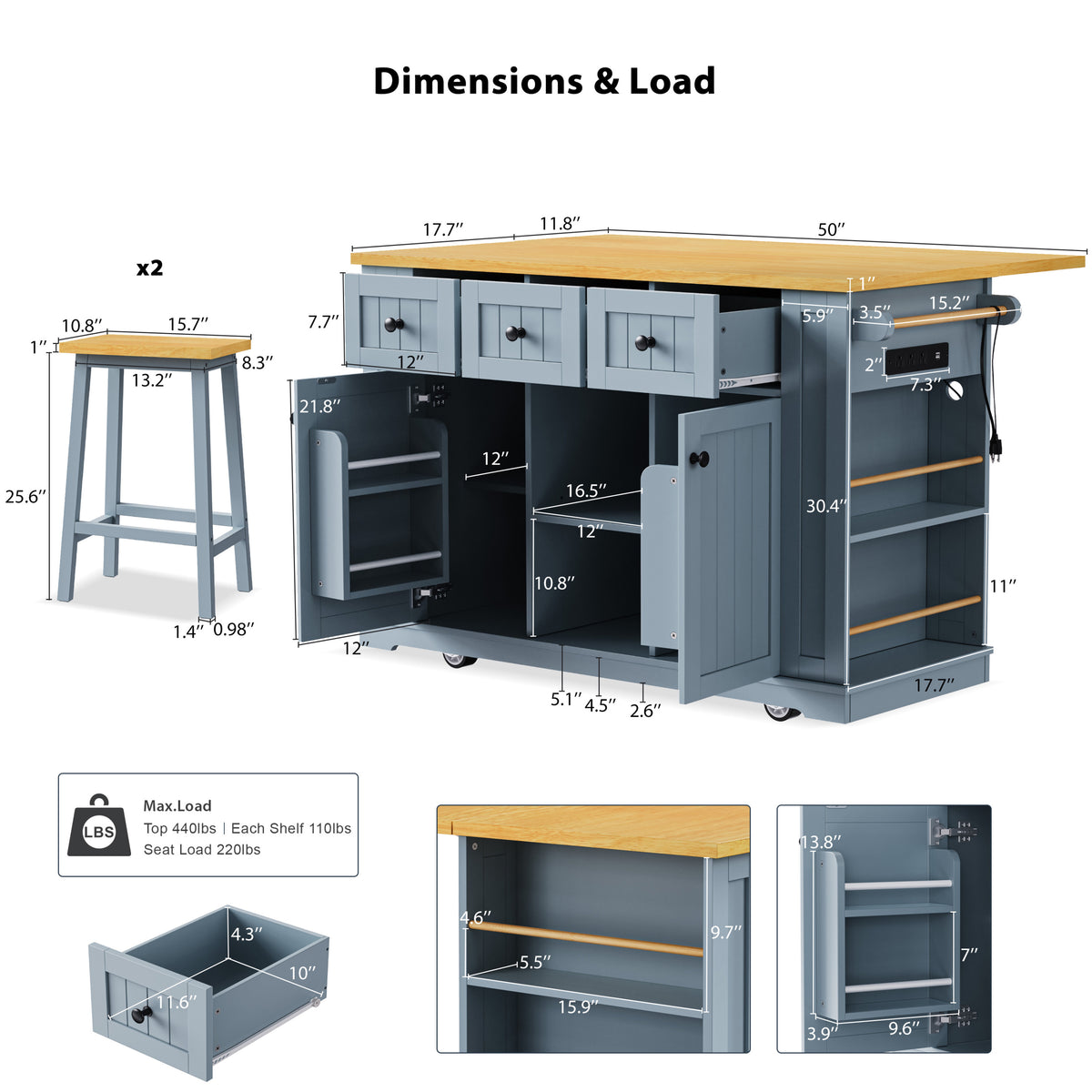 K&K 53inch Large Kitchen Island with 2 Bar Stools, Power Outlet,Door Internal Storage Rack,Kitchen Storage Cart on 5 Wheels with Drop Leaf,5 Open Side Racks,3 Drawers for Kitchen,Dining Room,Grey Blue N707S000007G-djyc