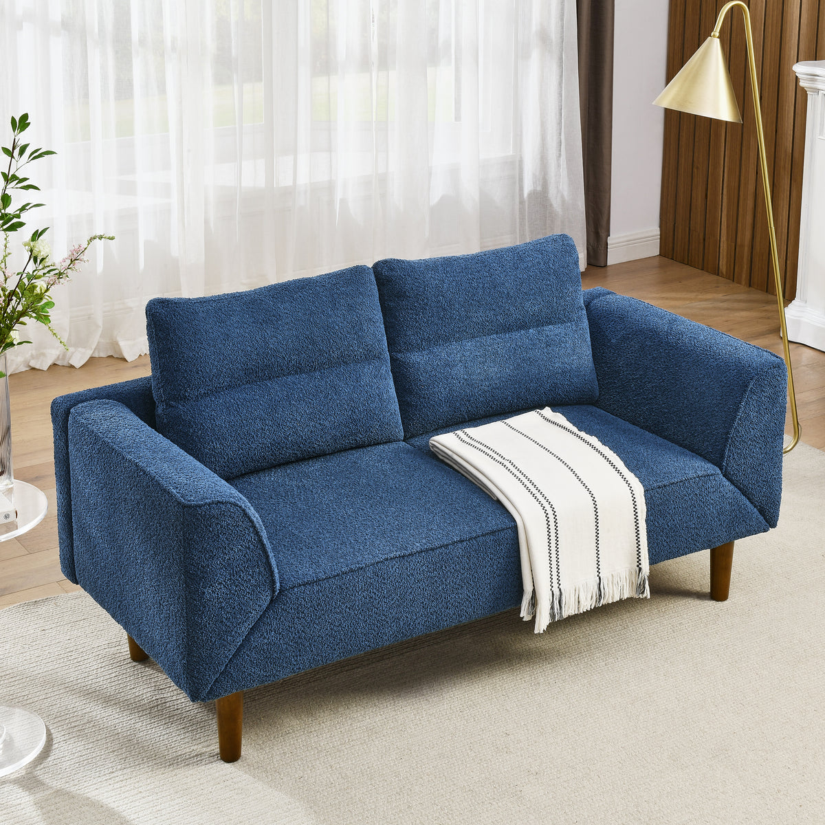 Convertible Futon Sofa Bed, Comfy Loveseat Sleeper Sofa with Adjustable Armrest, Strengthen Wood, Thick Padded Cushion, Small 2 Seater Couch for Living Room, Bedroom, Navy W487P180471-djyc