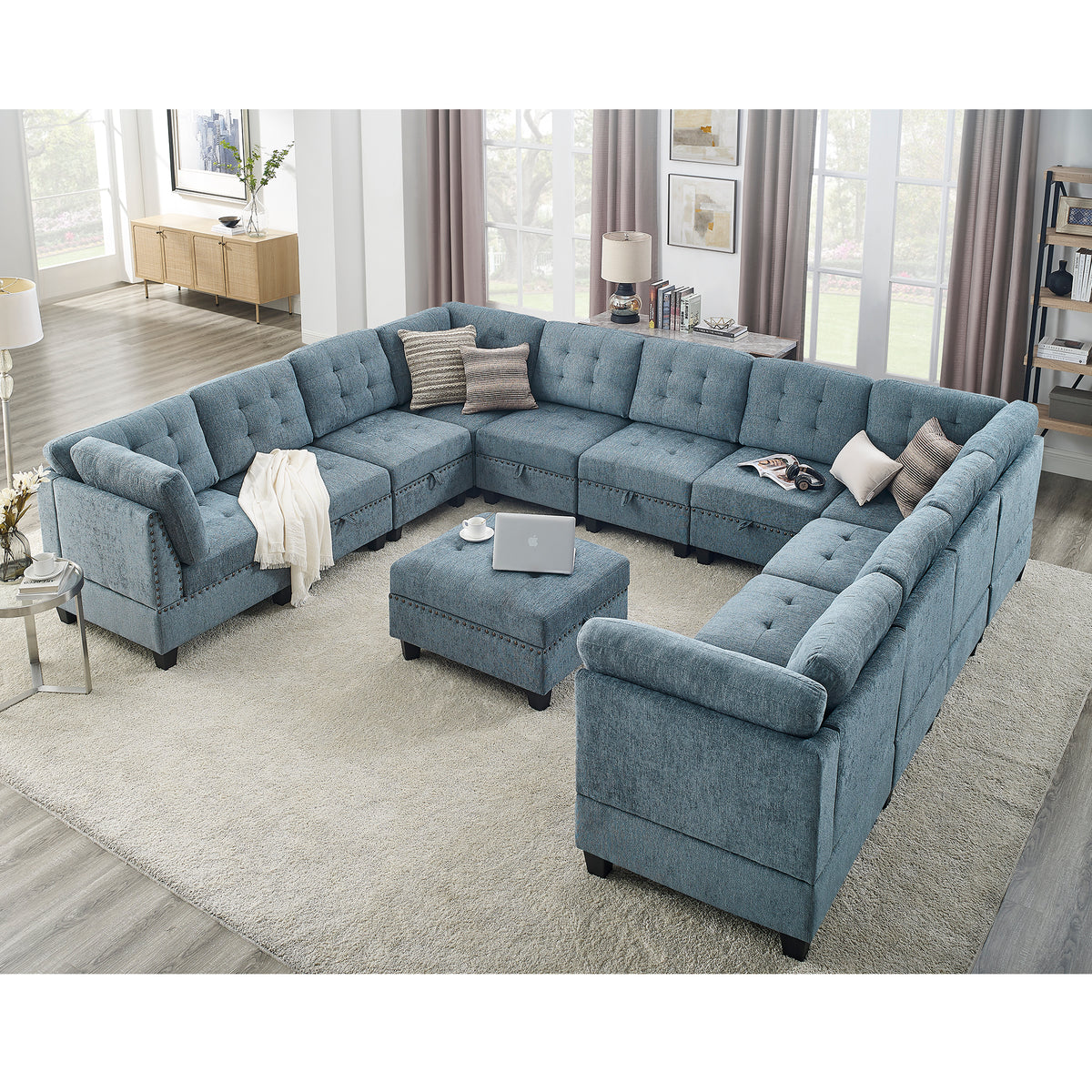 U shape Modular Sectional Sofa,DIY Combination,includes Seven Single Chair, Four Corner and One Ottoman,Navy Blue W487S00193-djyc